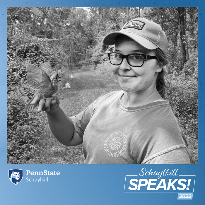 Schuylkill Speaks! graphic with Bethany Hollenbush holding a bird.