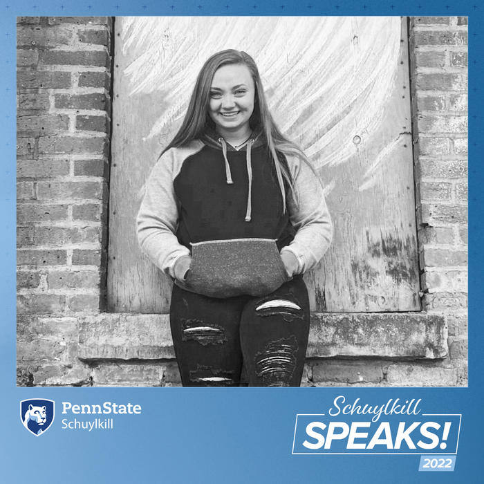 Schuylkill Speaks! graphic with Sierra Santarsiero leaning against a brick wall.