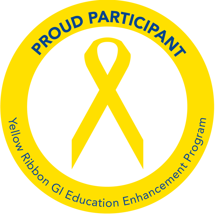 Yellow ribbon with a circle around it reading: PROUD PARTICIPANT - Yellow Ribbon GI Education Enhancement Program